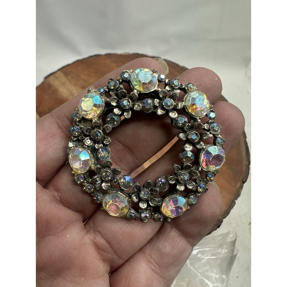 Aurora Borealis Iridescent Circle Rhinestone Brooch Silvertone